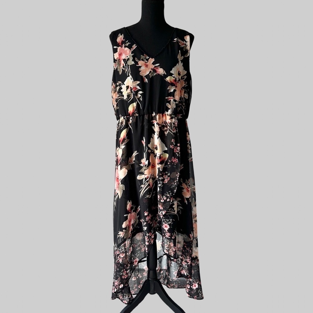Michel Studio Collection Floral Print High Low Hem Flowy Sleeveless Dress